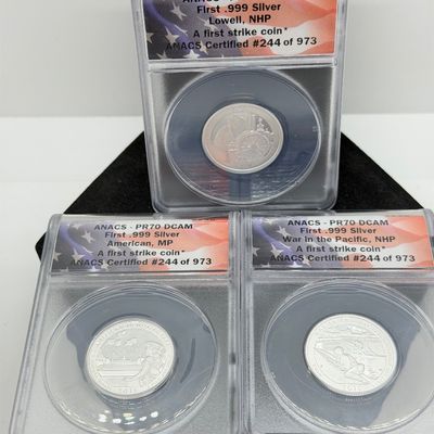 LOT 115: Three ANACS Graded PR70 DCAM and Slabbed 2019-S .999 Fine Silver US Quarters All Certified # 244 of 973