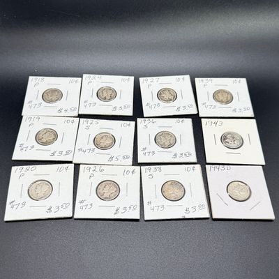 LOT 124: Collection of Mercury Dimes - 90% Silver - 12 U.S. Coins
