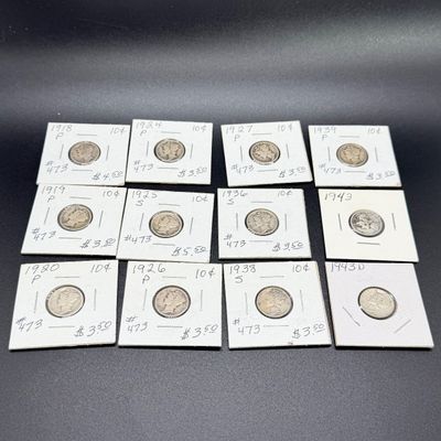 LOT 124: Collection of Mercury Dimes - 90% Silver - 12 U.S. Coins