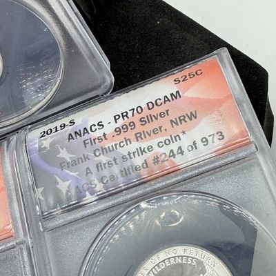 LOT 115: Three ANACS Graded PR70 DCAM and Slabbed 2019-S .999 Fine Silver US Coins - 2 Quarters, 1 Dime - All Certified # 244 of 973