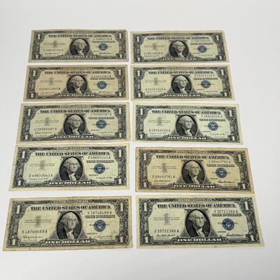 LOT 25: One Dollar U.S. Silver Certificate Bills (10) 1957