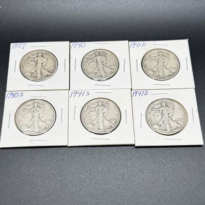 LOT 67: Collection of Walking Liberty Half Dollars - 90% Silver - Six U.S. Coins