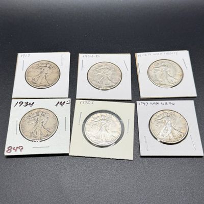 LOT 63: Collection of Walking Liberty Half Dollars - 90% Silver - Six U.S. Coins
