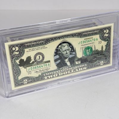 LOT 33: Collection of Ten Vintage $2 Bills with Aftermarket Art Depicting U.S. States in Cases - Ohio, Vermont, Indiana and More