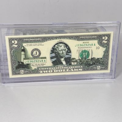 LOT 31: Collection of Ten Vintage $2 Bills with Aftermarket Art Depicting U.S. States in Cases - Maine, Texas, New Mexico and More