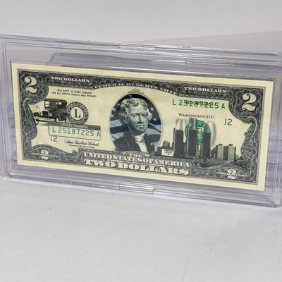 LOT 34: Collection of Ten Vintage $2 Bills with Aftermarket Art Depicting U.S. States in Cases - Florida, Alaska, New Jersey and More