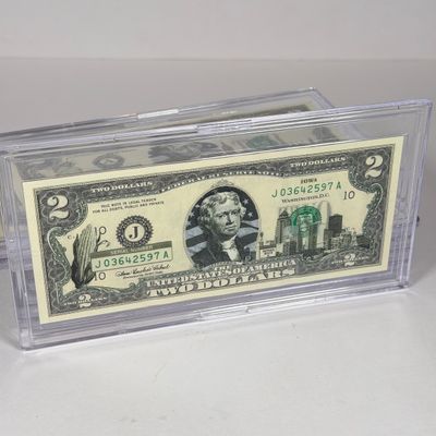LOT 33: Collection of Ten Vintage $2 Bills with Aftermarket Art Depicting U.S. States in Cases - Ohio, Vermont, Indiana and More