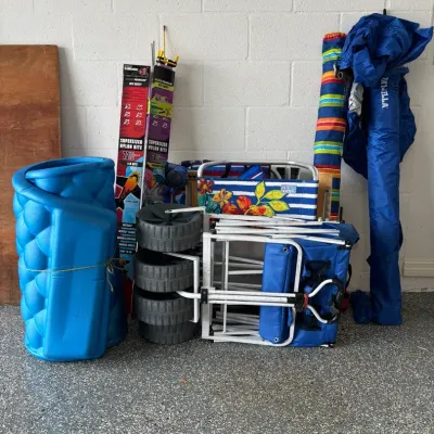 Beach Lot- Chairs, Umbrellas, Kites, Wagon, And More