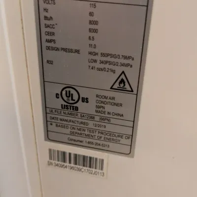 Sale Photo Thumbnail #27: Specification label for a Toshiba mobile type air conditioner, model RAC-PD0812CRRU, manufactured in December 2019.