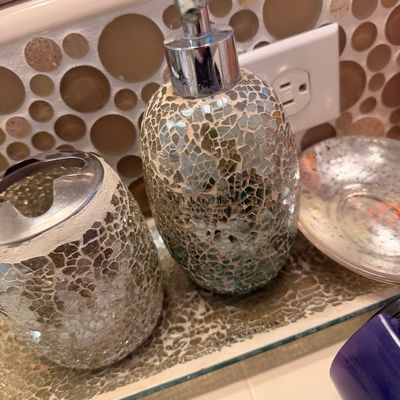 Sale Photo Thumbnail #106: West Lake Home mosaic glass bathroom accessory set, including a soap dispenser, toothbrush holder, and small dish on a matching tray.