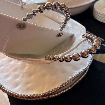 Sale Photo Thumbnail #68: Beatriz Ball organic pearl collection serving pieces, featuring white melamine bowls and platters with metallic beaded rims and handles.