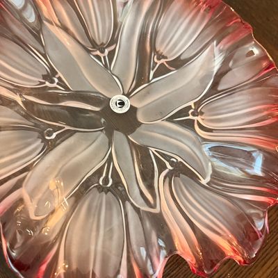 Sale Photo Thumbnail #64: Walther-Glas frosted and pink tulip-patterned glass platter, featuring a scalloped edge and original maker's sticker.
