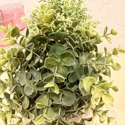 Sale Photo Thumbnail #55: Two small faux potted green plants, including a leafy eucalyptus-style arrangement, displayed on a table next to pink glassware.