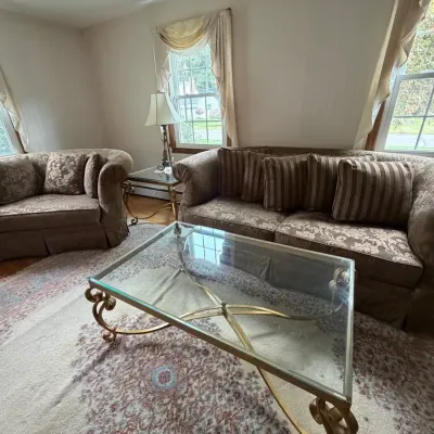 Complete 5-Piece Traditional Living Room Set – Sofa, Loveseat, Glass & Brass Tables, Lamp