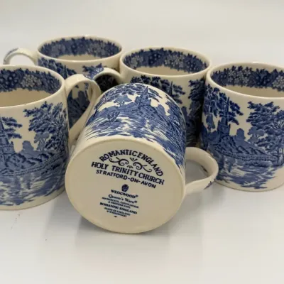 Vintage Wedgwood Queens Ware Mugs Set of 5 Romantic England Stratford-on-Avon Blue Transferware