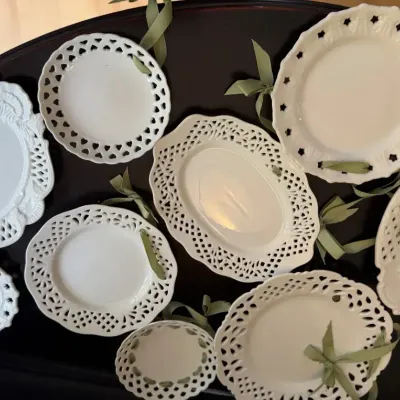Vintage Two's Company White Pierced Porcelain Wall Plates Platters Set of 9 Green Ribbon