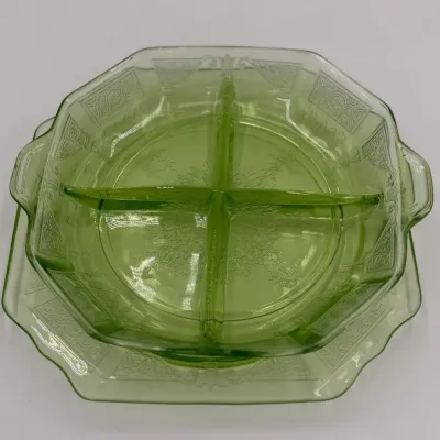 Vintage Hocking Glass Princess Green Uranium Depression Glass 4 Part Divided Relish Dish with Matchi