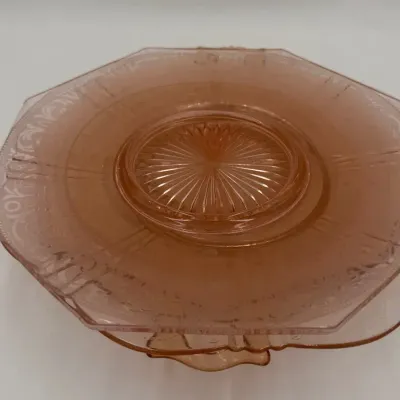 Vintage Pink Depression Glass Lot of 3 – Etched Floral Tray, Ribbed Scroll Platter, & Sunburst Octag
