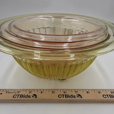 Vintage 1930s Federal Glass Golden Glow Ribbed NESTING Mixing Bowls Set of 3 Square Base Depression 