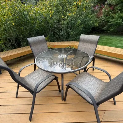 5-Piece Outdoor Patio Dining Set – Round Glass-Top Table & 4 Sling Chairs