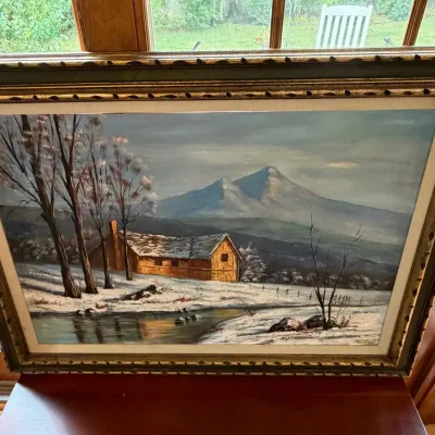 Large Vintage "Rizzo" Winter Landscape Oil Painting – Framed 39" x 33"