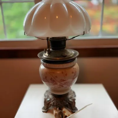 Vintage Gone with the Wind Parlor Lamp – Electric Hurricane Lamp with Ruffled Milk Glass Shade and F