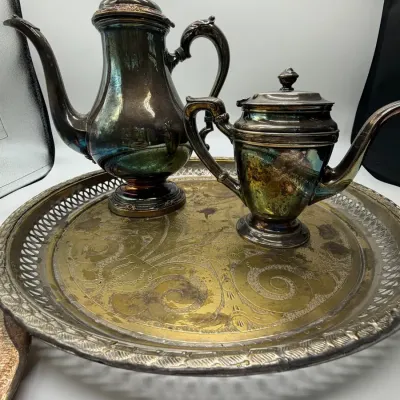 Vintage Reed & Barton Silver Soldered 3pc Coffee Tea Set & Filigree Tray, Pattern 2003 T