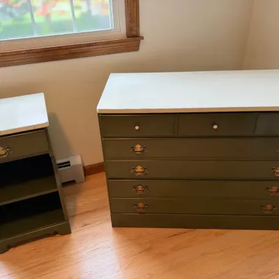 Vintage Ethan Allen "American Traditional" Refinished Olive Green 2-Piece Dresser & Nightstand Set