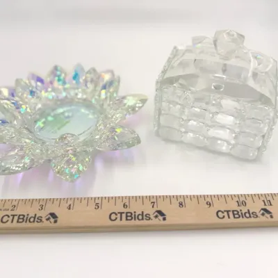 Vintage Crystal Flower Dish and Beaded Trinket Box Set - 2 Pieces