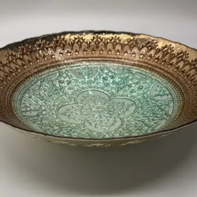 13 Inch Turkish Art Glass Centerpiece Bowl Teal Gold Mandala Motif Scalloped Edge