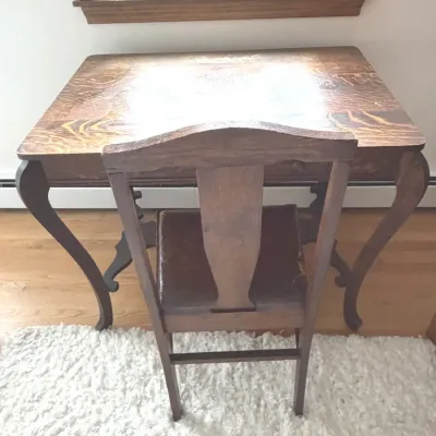 Antique Tiger Oak Library Writing Desk & Matching T-Back Chair Set – Circa 1900