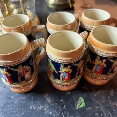 Vintage Set of 6 Gerz Mini Beer Steins – Made in Germany Lusterware Relief Shot Mugs