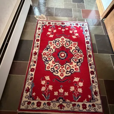 Traditional Hand-Knotted Kazak Style Wool Accent Rug - Red & Ivory, 31" Wide