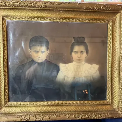 Antique Victorian/Edwardian Crayon Portrait in Ornate Gilded Gesso Frame, Original Backing Lithograp
