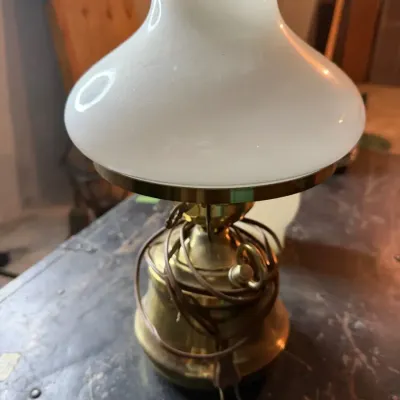 Vintage Electrified Brass Oil Lamp Style Table Lamp with Ruffled White Milk Glass Shade 
