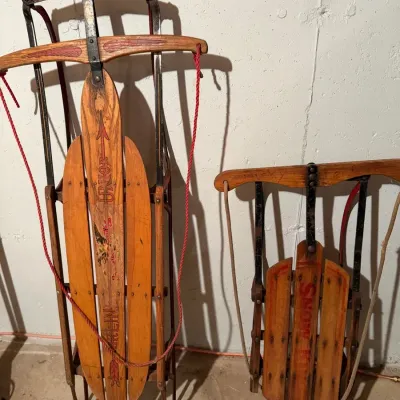 Pair of Vintage S.L. Allen & Co. Wood & Steel Snow Sleds - Flexible Flyer Airline Junior No. 51 & An