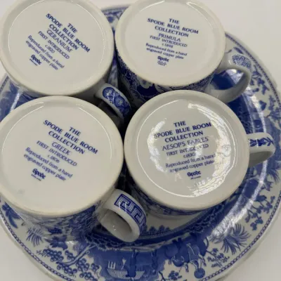 Spode Blue Room Collection Mix Match Tea Set 4 Cups & 4 Plates England Blue White