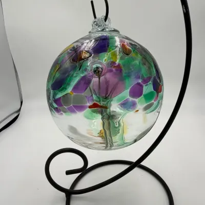 4" Hand Blown Art Glass Tree of Life Ornament Suncatcher Ball with Metal Stand