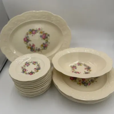 Vintage 1930 Edwin M Knowles China Set - Floral Wreath & Embossed Lace Rim  