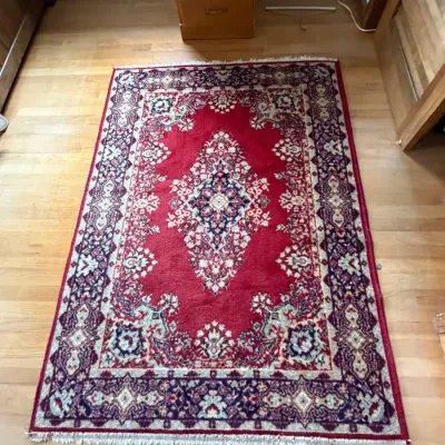 Vintage Karadja Style Area Rug 4x5.5 Red Navy Blue 100% Worsted Virgin Wool Pile