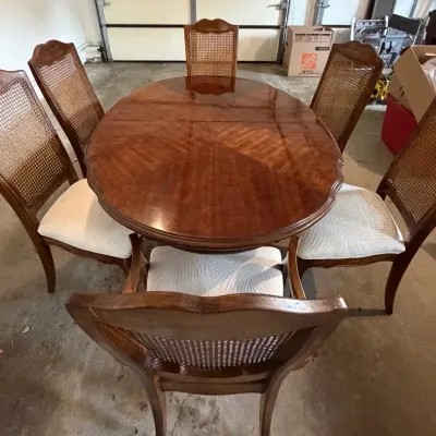 Vintage Extension Dining Set - Sunburst Pedestal Table & 6 Cane-Back Chairs (Includes 2 Leaves)