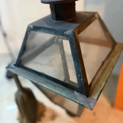 Vintage Copper & Brass Hexagonal Boston Post Lantern with Antique Cast Iron Bracket Mount