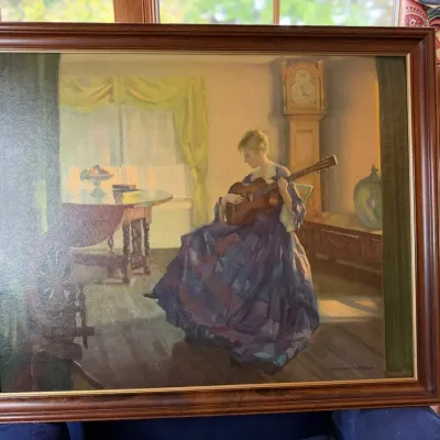 Vintage Marguerite S Pearson "The Guitar Player" Textured Art Print Marad Frame 32.5"x27.5"