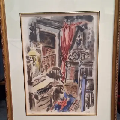 George Grosz signed lithograph depicting an expressive interior scene, numbered 89/150, presented in a matted gold-finished wooden frame.