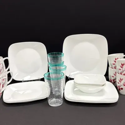 Corelle Dishes, BH&G Plastic Glasses 