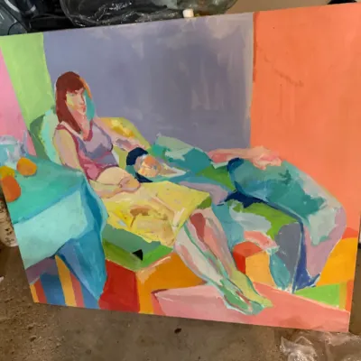 Sale Photo Thumbnail #212: Large, unframed figurative oil painting on canvas depicting a seated woman in a colorful, abstract interior setting.