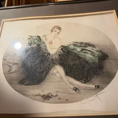 Sale Photo Thumbnail #187: Louis Icart framed etching, "The Black Bow" or similar Art Deco style print, featuring a reclining woman in a voluminous dark gown, signed in the lower right.