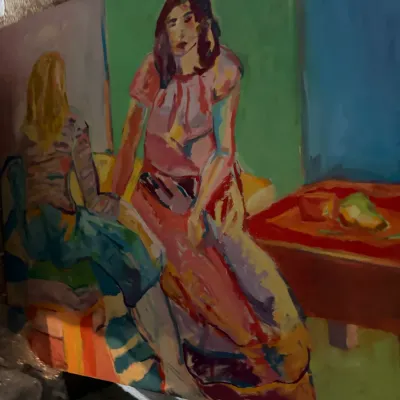 Sale Photo Thumbnail #207: Large-scale expressionist oil painting depicting two seated figures in an interior setting, rendered in a vibrant, colorful palette.