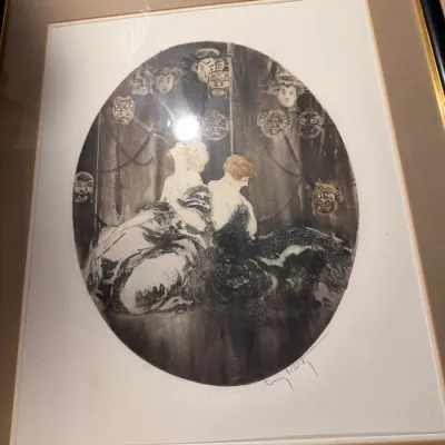 Sale Photo Thumbnail #181: Framed Louis Icart drypoint etching titled "Masks" or "Masques", depicting two women surrounded by theatrical masks, signed in pencil, circa 1920s.