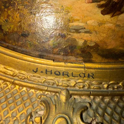 Sale Photo Thumbnail #193: Close-up detail of an oil painting signature reading "J. Horlor" on a cracked, ornate gilt frame.